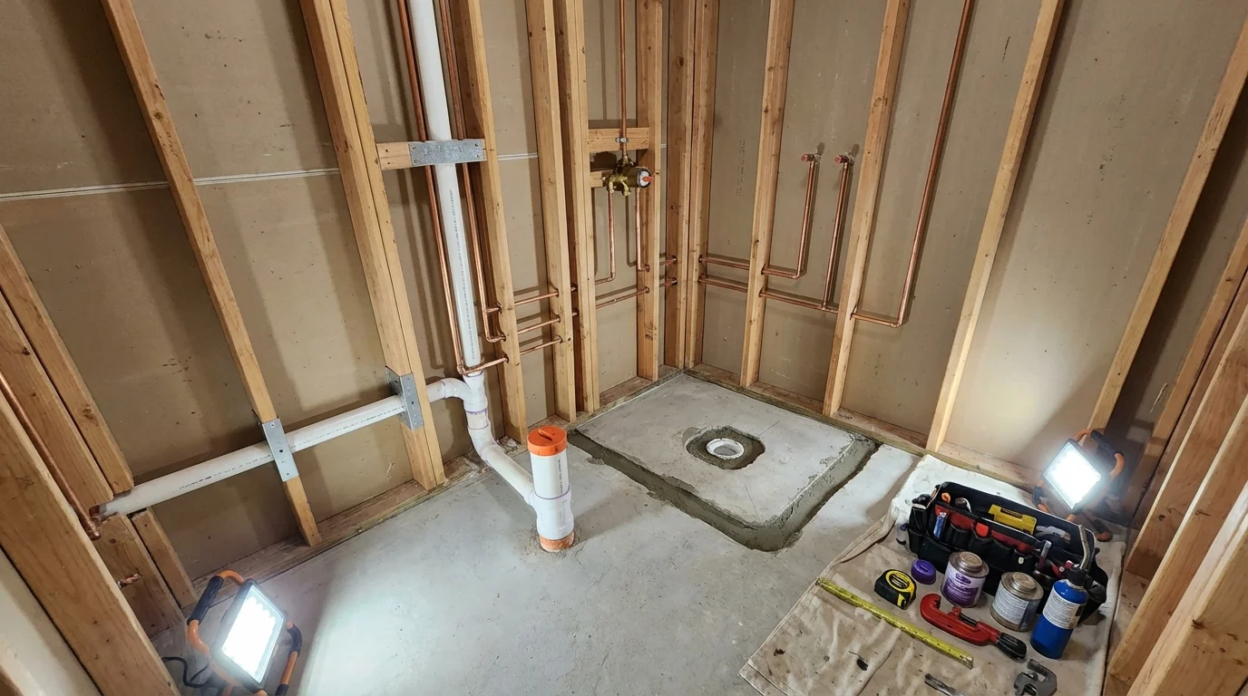 Bathroom rough-in plumbing during remodel by Johns Plumbing LLC in Pacific