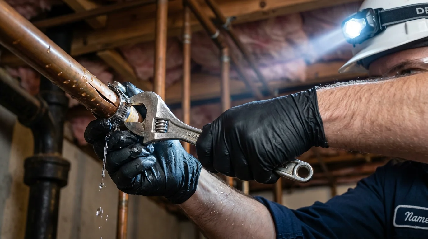 Emergency pipe clamp repair being performed by a Johns Plumbing LLC plumber in Pacific