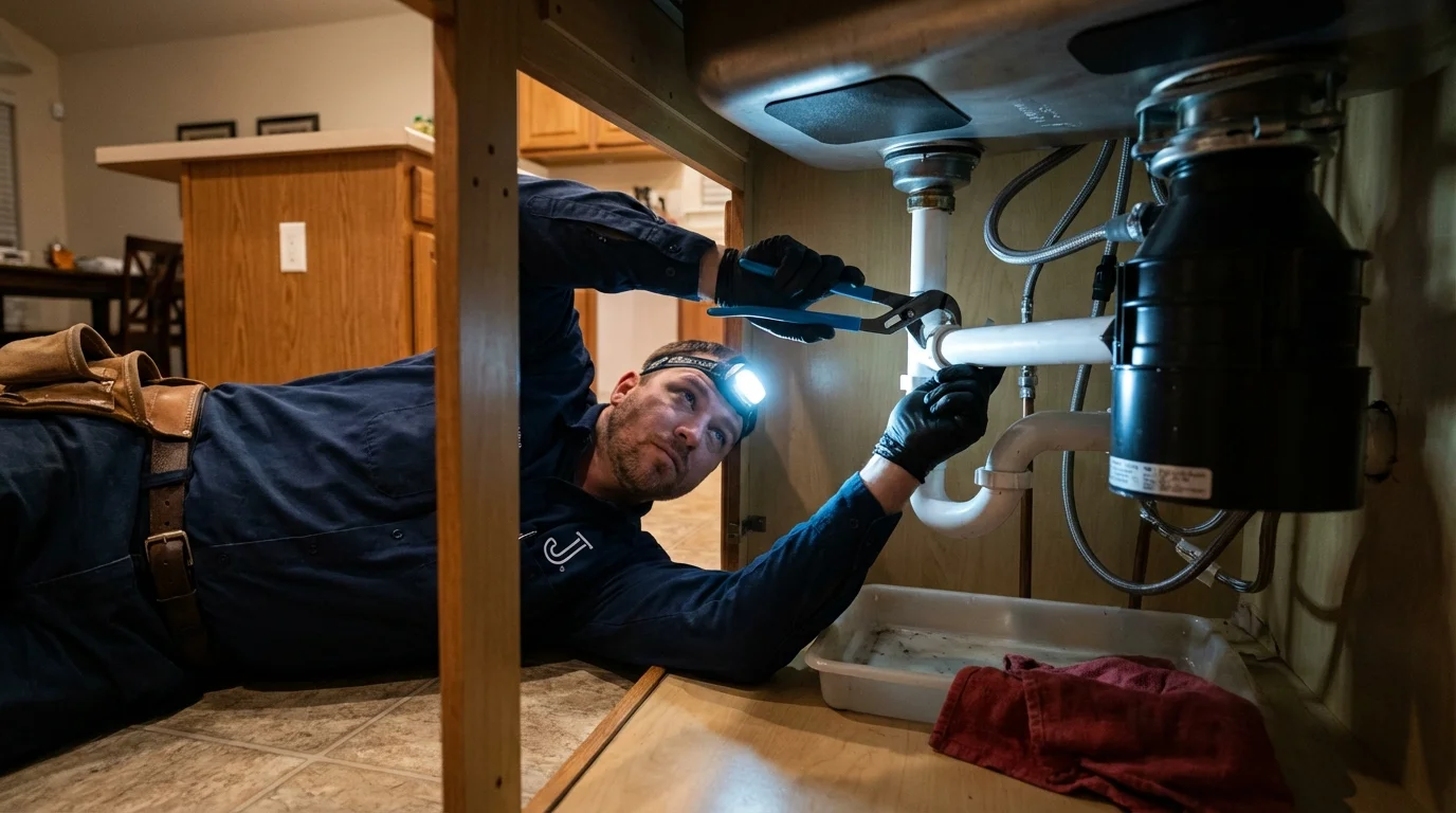 P-trap and supply line connections under a kitchen sink showing a common leak point in Pacific, WA